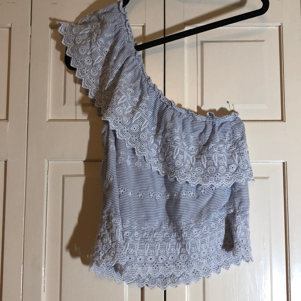 American Eagle One Shoulder Eyelet Striped Blue white Elastic Neck Top SZ M R1